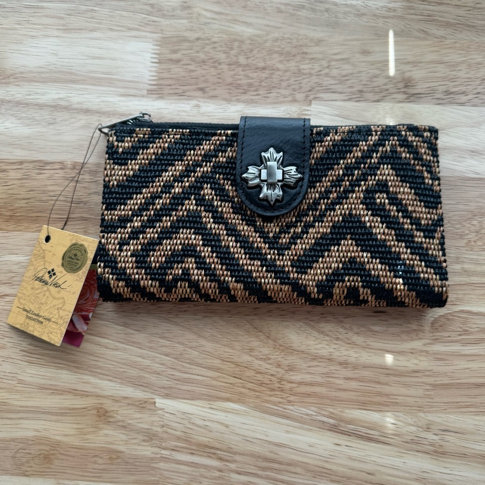 Patricia Nash Black & Brown Woven Zip Wallet with Floral Metal Accent